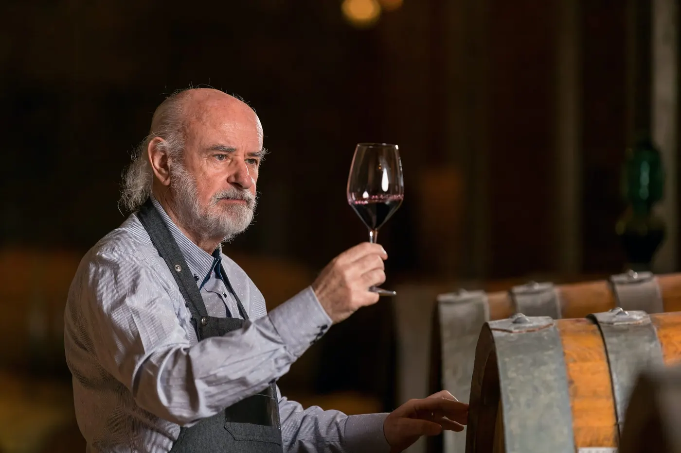 Vigneron bordelais analysant un vin en cave.
