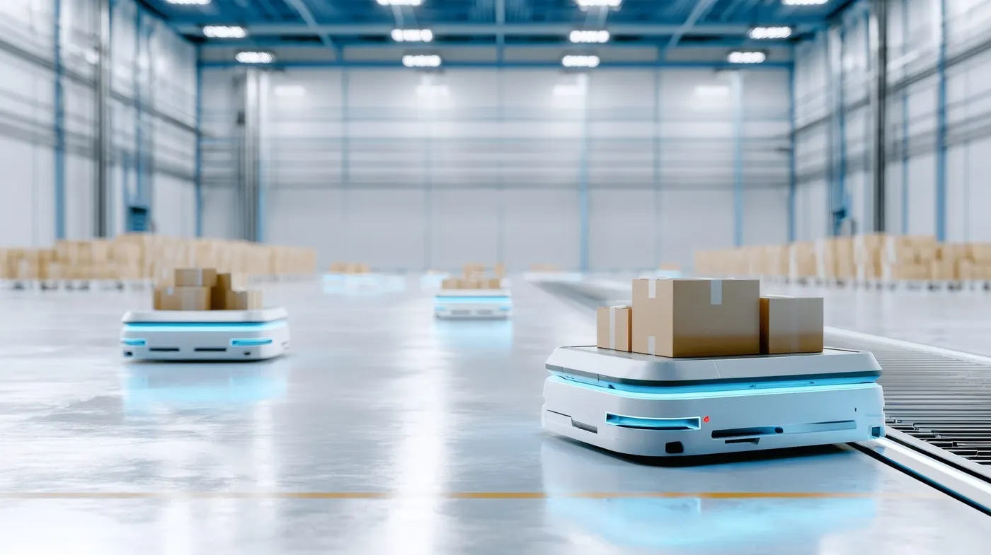 Robot autonome dans un entrepôt logistique moderne.