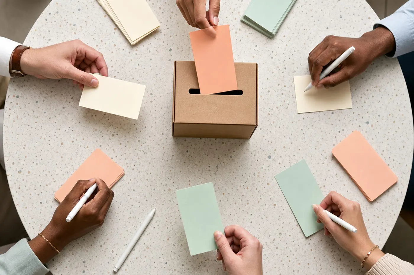 Équipe collaborant sur des cartes de processus métier.