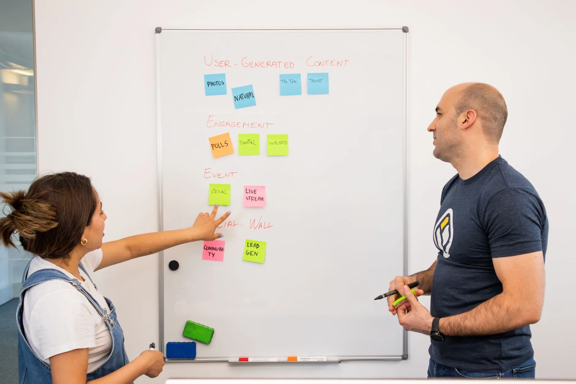 Deux collaborateurs cartographient des cas d'usage sur un tableau blanc couvert de notes adhésives
