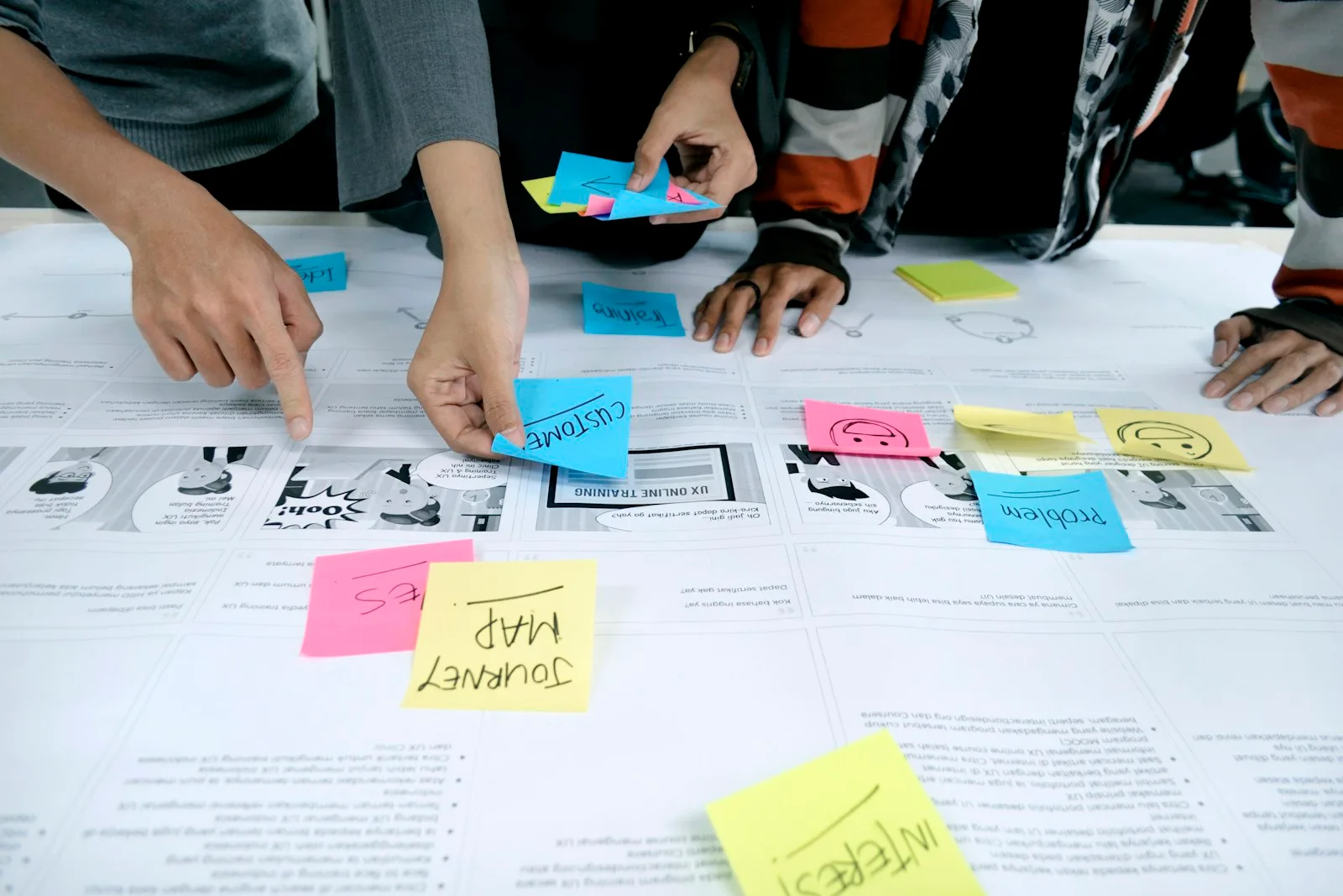 Une équipe classe des notes adhésives sur un mur pendant un atelier de travail