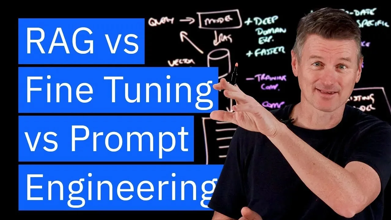 Vignette de la vidéo IBM Technology comparant RAG, fine-tuning et prompt engineering
